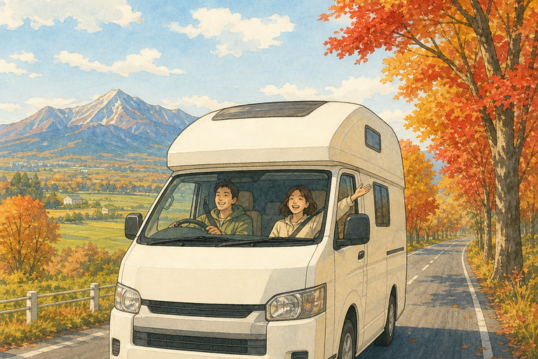露營車行駛在滿是紅葉的北海道道路上。