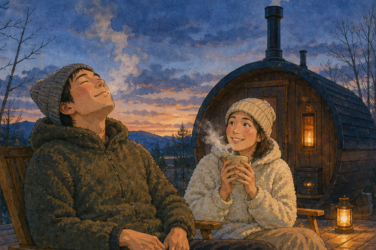 사우나 뒤 바깥 의자에서 열을 식히는 두 사람. 입김이 나올 만큼 추운 해 질 녘 하늘 아래 상기된 얼굴을 하고 있다