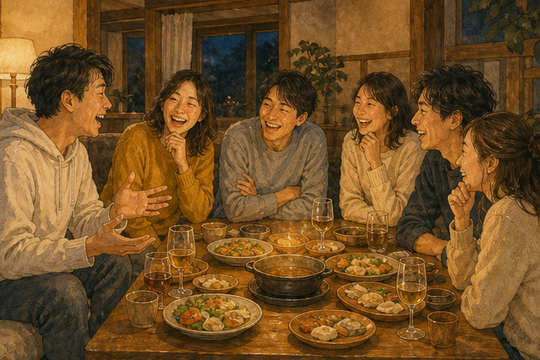 넓은 거실 식탁에 6명이 둘러앉아 함께 웃고 있는 밤 장면