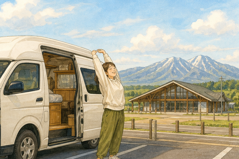 女子在道之驛停車場旁的露營車前，感受清晨空氣、伸展身體。