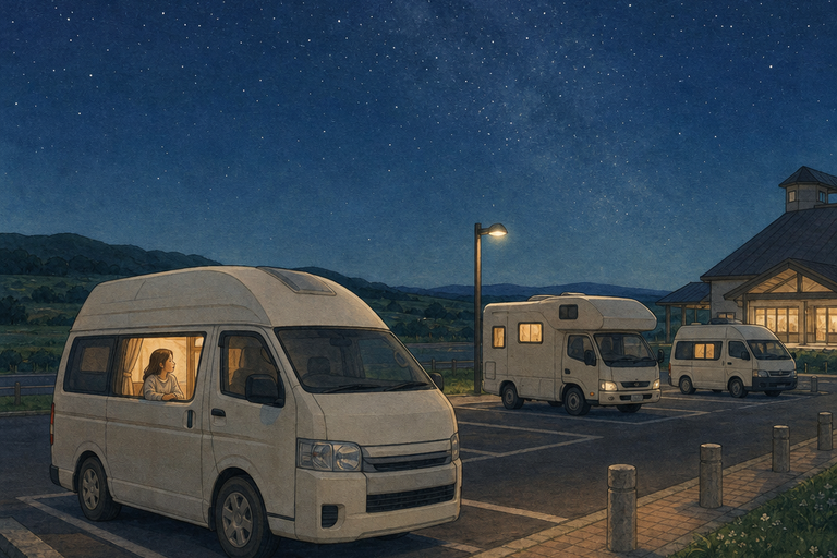 夜晚的道之驛停車場，數輛露營車保持適當距離安靜停放。