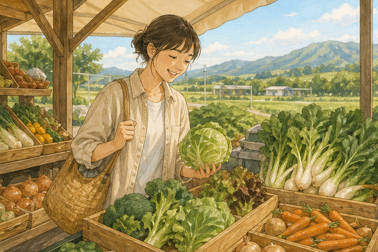 女子在道之驛的產地直銷區挑選新鮮蔬菜，露出笑容。