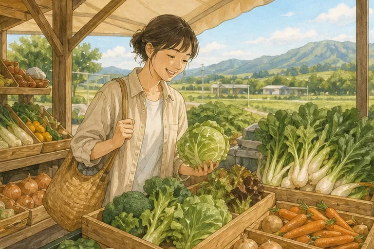 道の駅の産直コーナーで、新鮮な野菜を選んで笑顔になる女性。