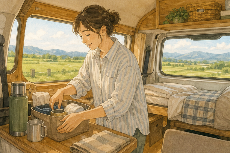 出發前，女子在露營車內從容確認行李與裝備。