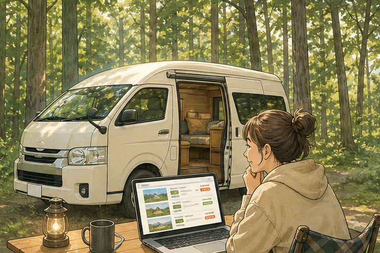 숲속에 현대적인 캠핑카가 세워져 있고, 노트북에는 RV 파크의 서로 다른 가격이 표시된 예약 사이트가 열려 있다.