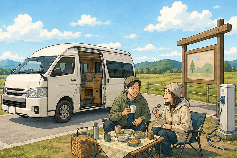 휴게소에 세워진 캠핑카 옆에서 여행자 커플이 피크닉을 즐기고 있고, 배경에는 전원 설비가 보인다.