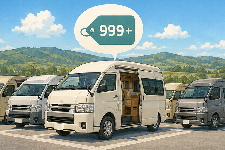 디지털 가격표에 '999+'가 표시된 캠핑카가 다른 여러 밴에 둘러싸여 RV 파크의 가격 비교를 보여 준다.