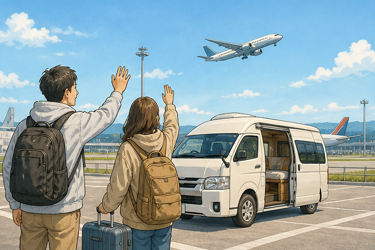 공항 렌털 구역에 세워진 캠핑카 뒤로 이륙하는 비행기가 보이며, 다음 정보로 넘어가는 것을 암시한다.