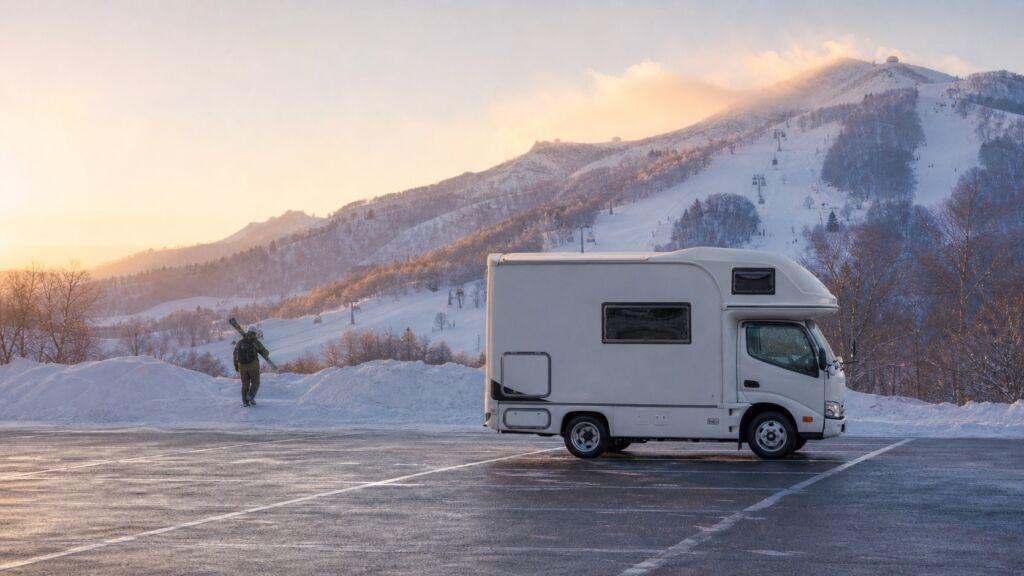 冬季北海道，雪山背景下停放於停車場的露營車示意圖