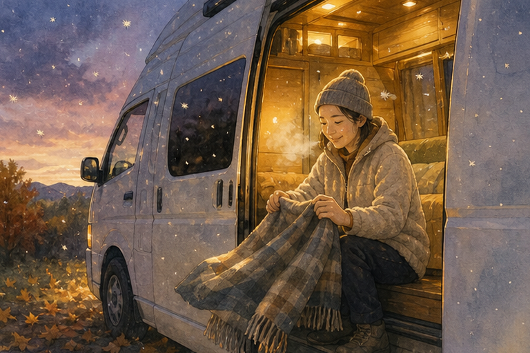 가을 숲에 세운 캠핑카에서 두꺼운 담요를 개며 밤의 추위에 대비하는 사람의 삽화