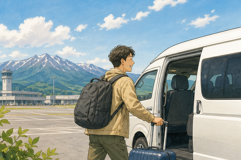 男子拖著行李箱走向北海道小型機場附近的接駁車。