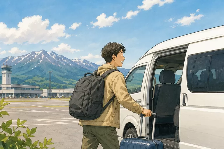 男子拖著行李箱走向北海道小型機場附近的接駁車。