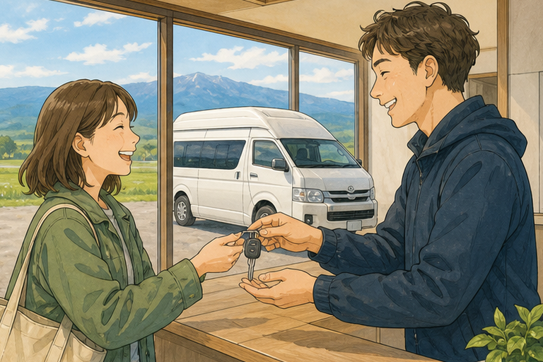 女子在租車據點櫃檯從工作人員手中接過車鑰匙。