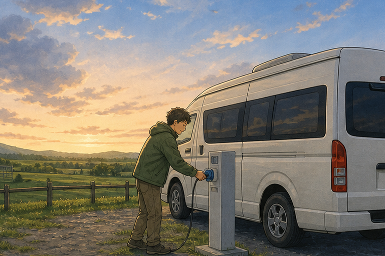 一名男子在北海道RV公園將露營車接上外部電源,背景是黎明的牧草地。