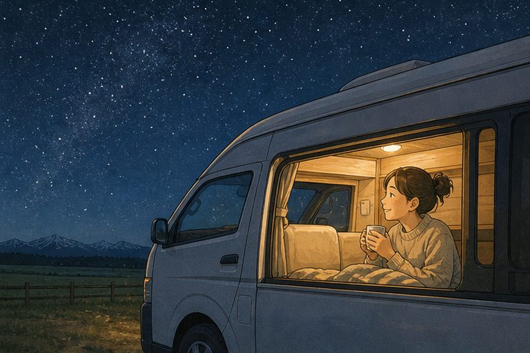夜晚滿天星斗下,女子在停妥的露營車內手捧熱飲放鬆休息。