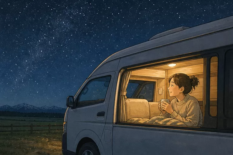 星空の下、駐車したキャンピングカーの車内で温かい飲み物を手にくつろぐ女性。