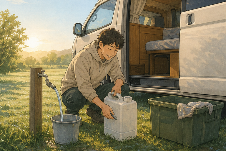 清晨草地還留著露水,男子在露營車旁補充水源、整理裝備。