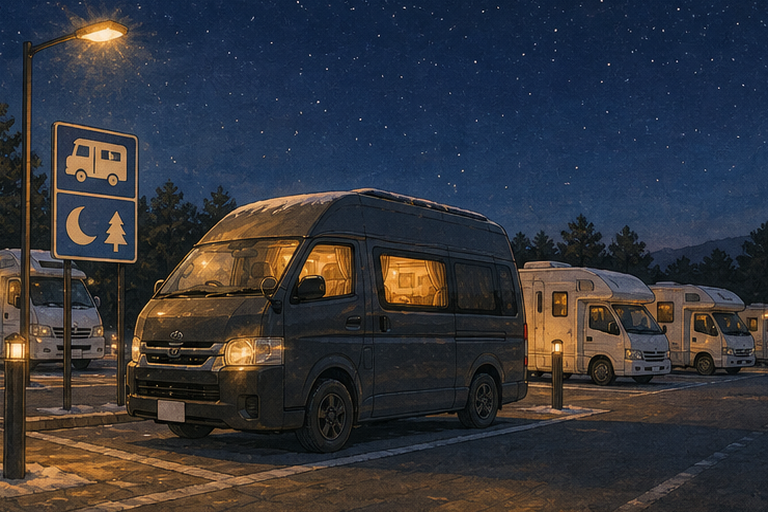 RV 파크 안내 간판 앞에 세워진 캠핑카 일러스트