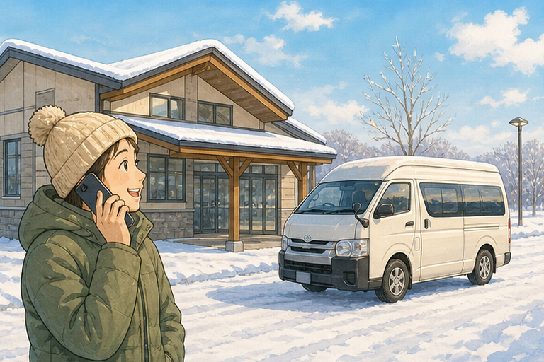 RV 파크 사무실 근처에 세워진 캠핑카와, 휴대전화로 겨울 시설을 확인하는 사람이 눈에 둘러싸여 있다.