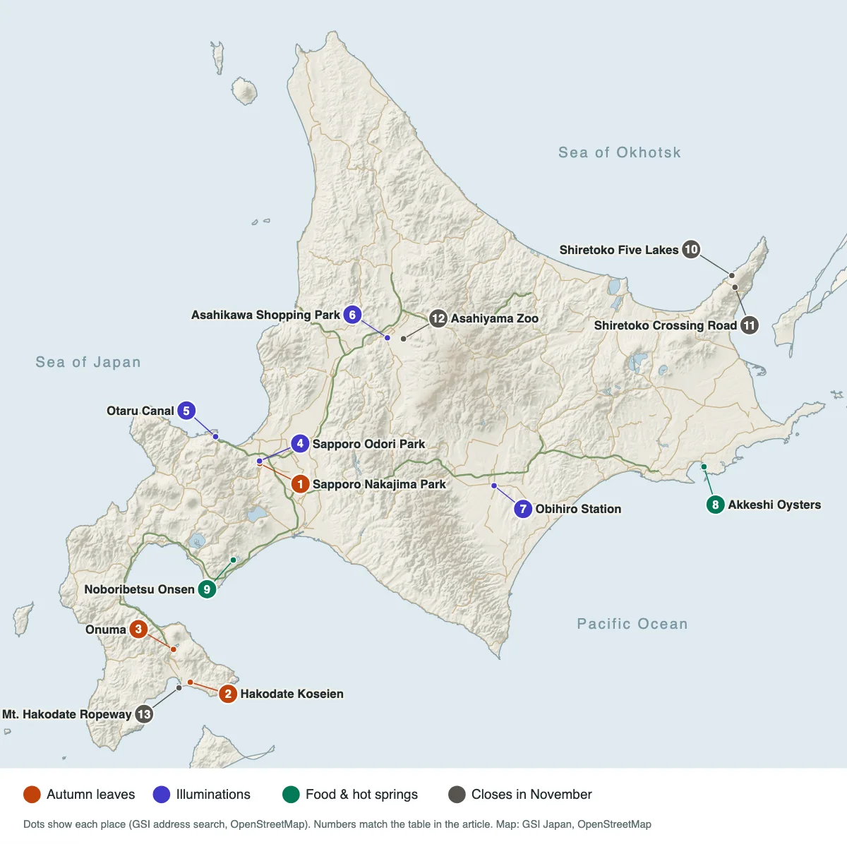 Map of Hokkaido with numbers showing 3 autumn-leaf spots, 4 illumination spots, 2 food and hot spring spots, and 4 roads and facilities that close in November