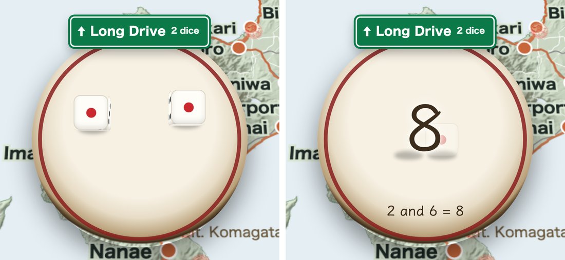 Rolling with the Long Drive card: a green sign appears and the total shows up big
