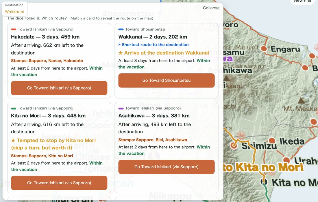 Route options with days, distance and stamps for each direction