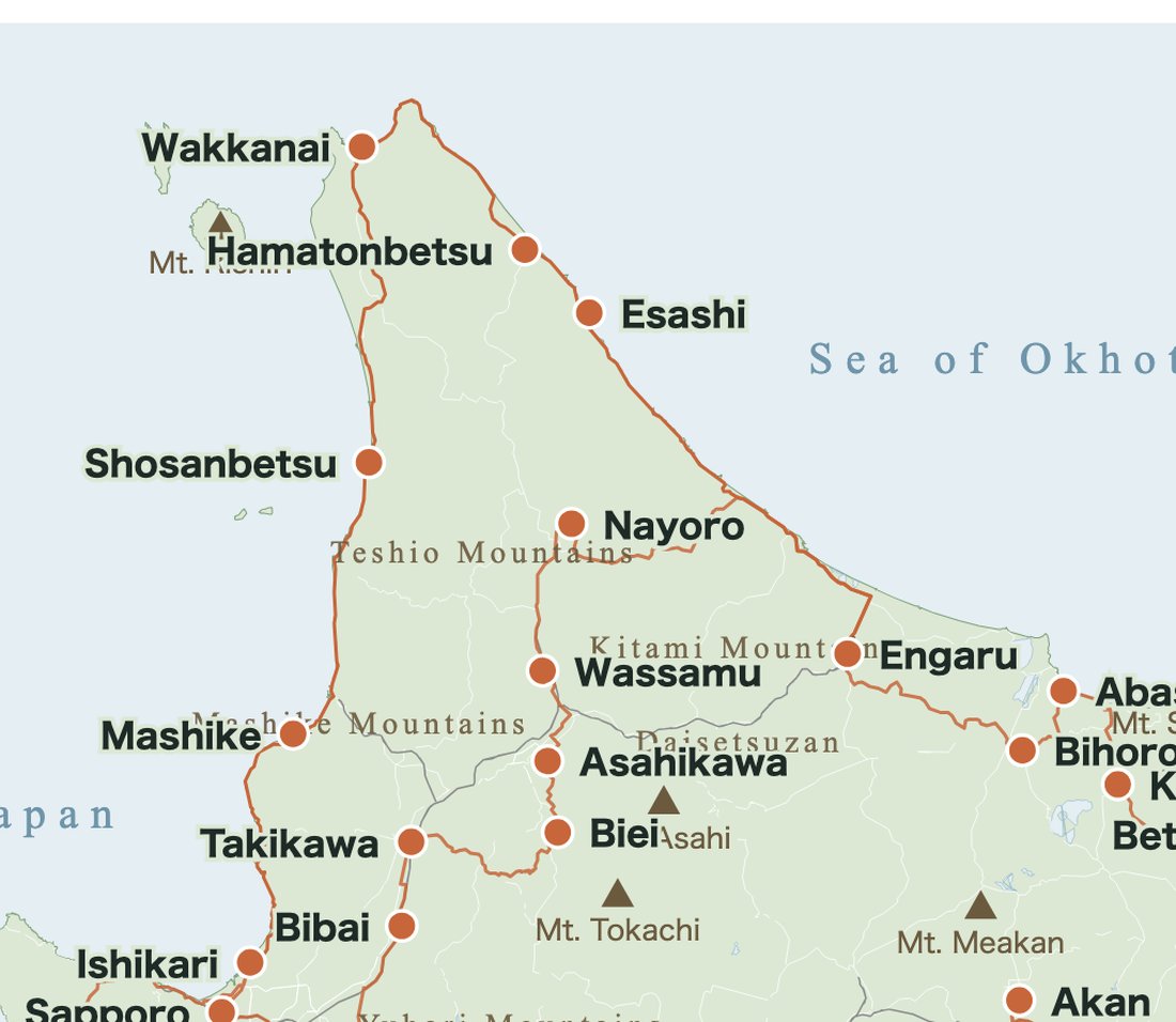 The board in July and August, with the coastal road from the northern Sea of Japan to Soya and the Okhotsk coast