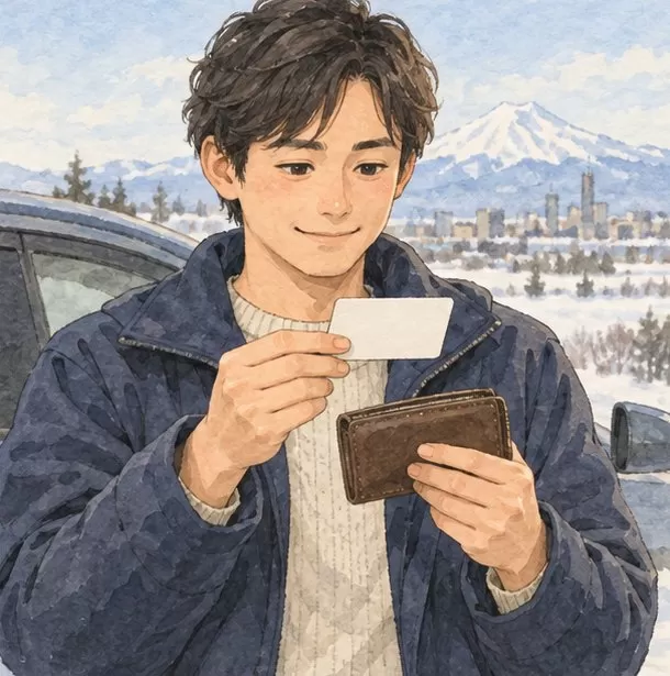 財布から免許証を取り出し、表と裏を確かめてほっとした表情の男性。