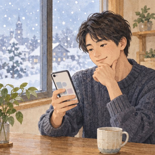 눈 내리는 창가에서 스마트폰 일기예보를 보며 차분히 생각하는 남성.