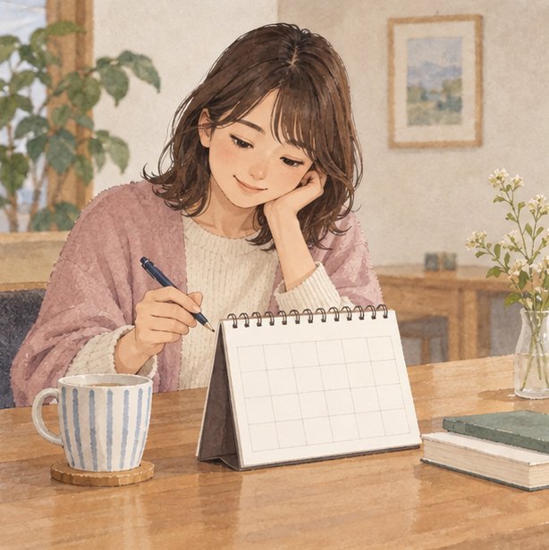 탁상 달력에 펜으로 표시를 하려는 여성.