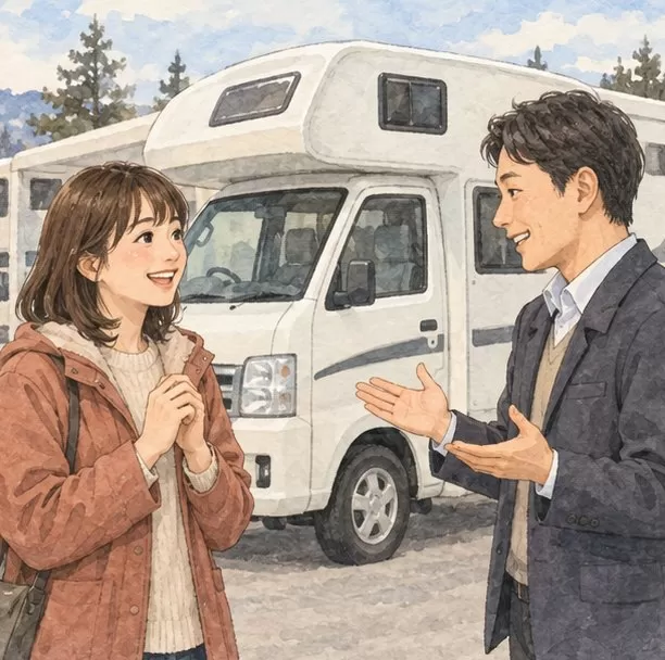 在露營車前，面帶笑容與經銷商人員商量的女性。