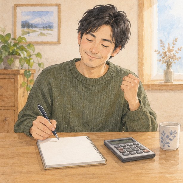 계산기와 메모장을 앞에 두고 1년 지출 계산에 납득한 표정의 남성.