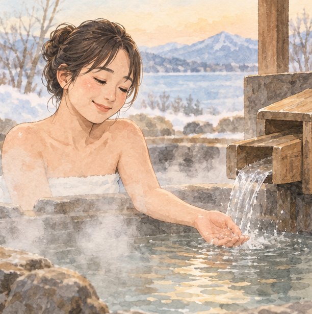 나무 물꼭지에서 흘러나오는 온천물에 손을 뻗어 물의 감촉을 확인하는 여성.