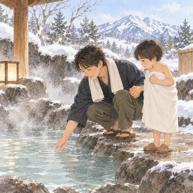 露天風呂の縁にしゃがんで湯の温度を確かめる父親と、タオルを巻いて待つ子ども。