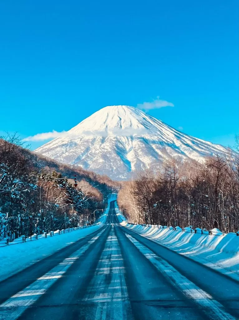 羊蹄山へまっすぐ続く冬の道（喜茂別町）