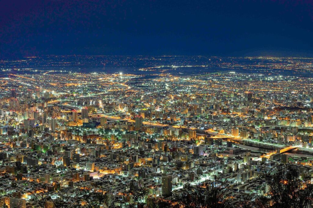 City lights of Sapporo seen from a hilltop